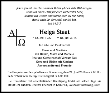 Anzeige von Helga Staat von Kölner Stadt-Anzeiger / Kölnische Rundschau / Express