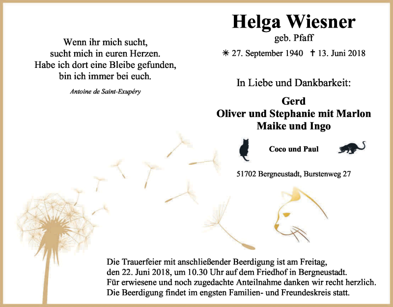  Traueranzeige für Helga Wiesner vom 16.06.2018 aus Kölner Stadt-Anzeiger / Kölnische Rundschau / Express