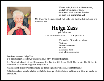 Anzeige von Helga Zass von Kölner Stadt-Anzeiger / Kölnische Rundschau / Express