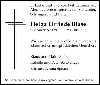 Anzeige von Helga Elfriede Blase von Kölner Stadt-Anzeiger / Kölnische Rundschau / Express