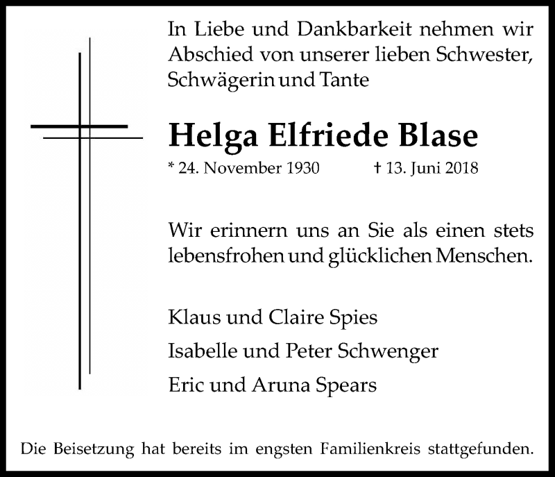  Traueranzeige für Helga Elfriede Blase vom 30.06.2018 aus Kölner Stadt-Anzeiger / Kölnische Rundschau / Express