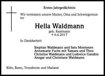 Anzeige von Hella Waldmann von Kölner Stadt-Anzeiger / Kölnische Rundschau / Express