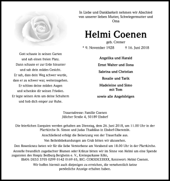 Anzeige von Helmi Coenen von Kölner Stadt-Anzeiger / Kölnische Rundschau / Express