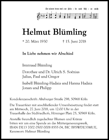 Anzeige von Helmut Blümling von Kölner Stadt-Anzeiger / Kölnische Rundschau / Express