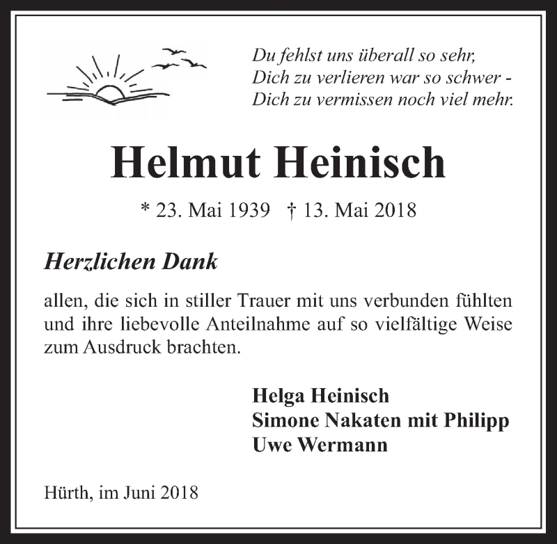  Traueranzeige für Helmut Heinisch vom 20.06.2018 aus  Wochenende 