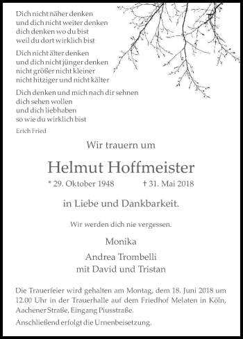 Anzeige von Helmut Hoffmeister von Kölner Stadt-Anzeiger / Kölnische Rundschau / Express