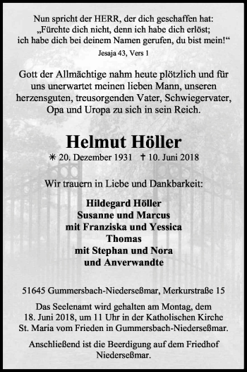 Anzeige von Helmut Höller von Kölner Stadt-Anzeiger / Kölnische Rundschau / Express