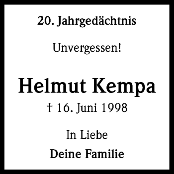 Anzeige von Helmut Kempa von Kölner Stadt-Anzeiger / Kölnische Rundschau / Express