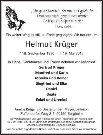 Anzeige von Helmut Krüger von  Sonntags-Post 