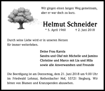 Anzeige von Helmut Schneider von Kölner Stadt-Anzeiger / Kölnische Rundschau / Express
