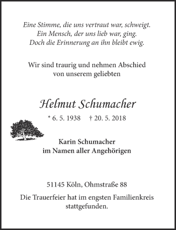 Anzeige von Helmut Schumacher von  Kölner Wochenspiegel 