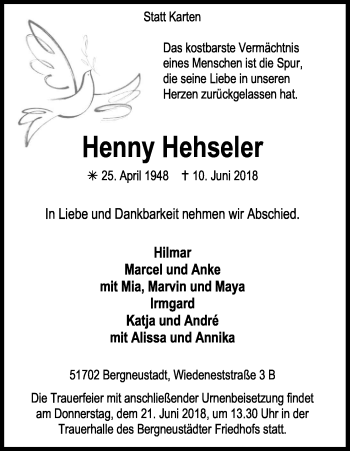 Anzeige von Henny Hehseler von Kölner Stadt-Anzeiger / Kölnische Rundschau / Express