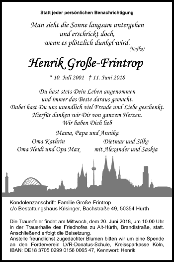 Anzeige von Henrik Große-Frintrop von Kölner Stadt-Anzeiger / Kölnische Rundschau / Express