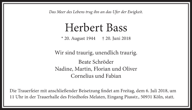  Traueranzeige für Herbert Bass vom 30.06.2018 aus  Sonntags-Post 