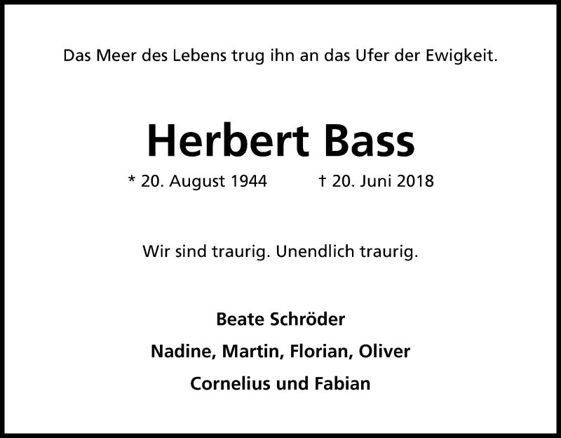  Traueranzeige für Herbert Bass vom 30.06.2018 aus Kölner Stadt-Anzeiger / Kölnische Rundschau / Express
