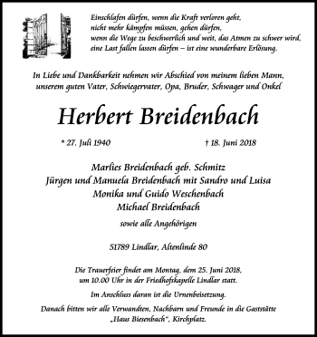 Anzeige von Herbert Breidenbach von Kölner Stadt-Anzeiger / Kölnische Rundschau / Express