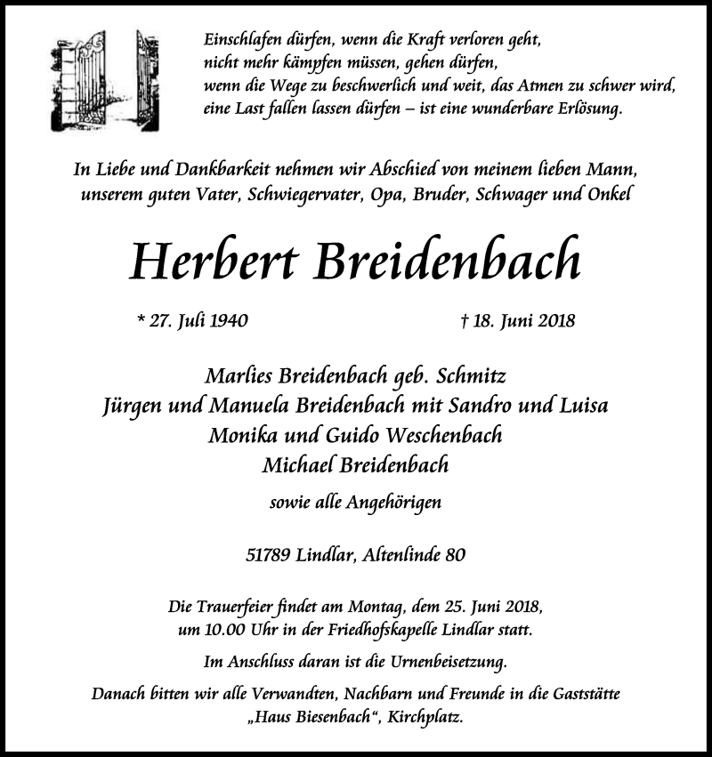  Traueranzeige für Herbert Breidenbach vom 21.06.2018 aus Kölner Stadt-Anzeiger / Kölnische Rundschau / Express