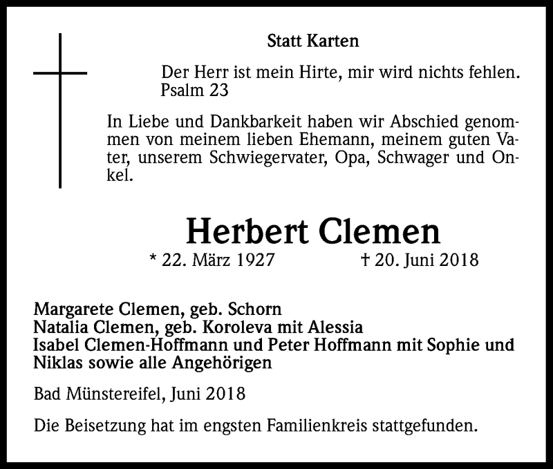  Traueranzeige für Herbert Clemen vom 30.06.2018 aus Kölner Stadt-Anzeiger / Kölnische Rundschau / Express