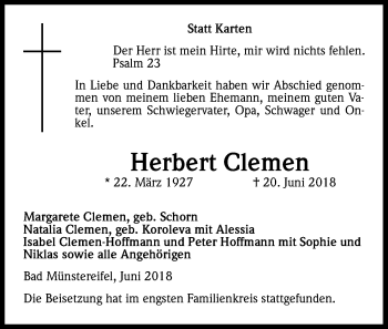 Anzeige von Herbert Clemen von Kölner Stadt-Anzeiger / Kölnische Rundschau / Express