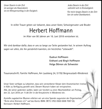 Anzeige von Herbert Hoffmann von Kölner Stadt-Anzeiger / Kölnische Rundschau / Express