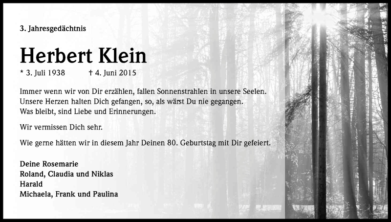  Traueranzeige für Herbert Klein vom 02.06.2018 aus Kölner Stadt-Anzeiger / Kölnische Rundschau / Express