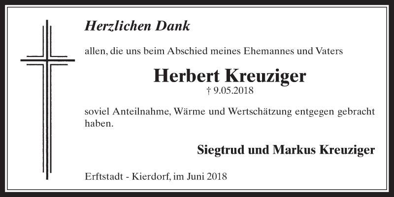  Traueranzeige für Herbert Kreuziger vom 20.06.2018 aus  Werbepost 