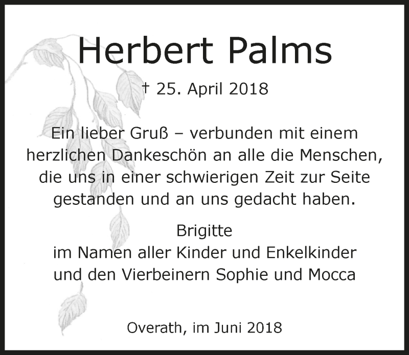  Traueranzeige für Herbert Palms vom 30.06.2018 aus  Bergisches Sonntagsblatt 