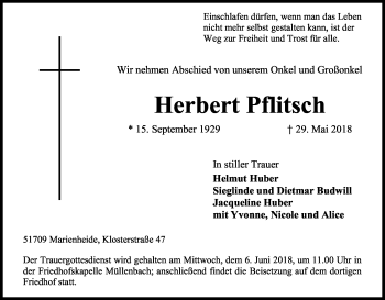 Anzeige von Herbert Pflitsch von Kölner Stadt-Anzeiger / Kölnische Rundschau / Express