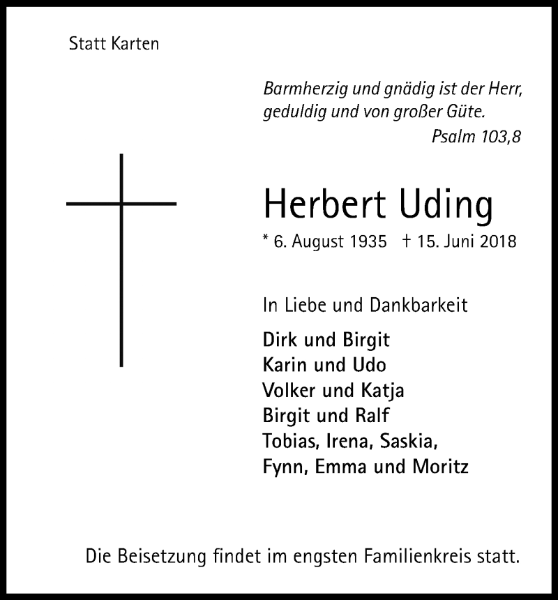  Traueranzeige für Herbert Uding vom 23.06.2018 aus Kölner Stadt-Anzeiger / Kölnische Rundschau / Express