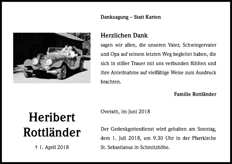  Traueranzeige für Heribert Rottländer vom 16.06.2018 aus Kölner Stadt-Anzeiger / Kölnische Rundschau / Express