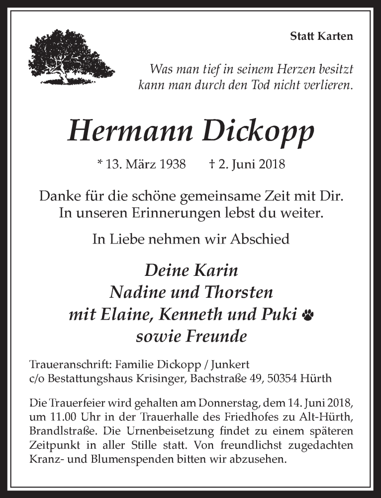  Traueranzeige für Hermann Dickopp vom 13.06.2018 aus  Wochenende 