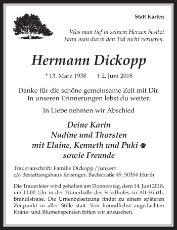 Anzeige von Hermann Dickopp von  Wochenende 
