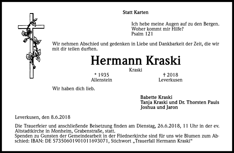  Traueranzeige für Hermann Kraski vom 20.06.2018 aus Kölner Stadt-Anzeiger / Kölnische Rundschau / Express