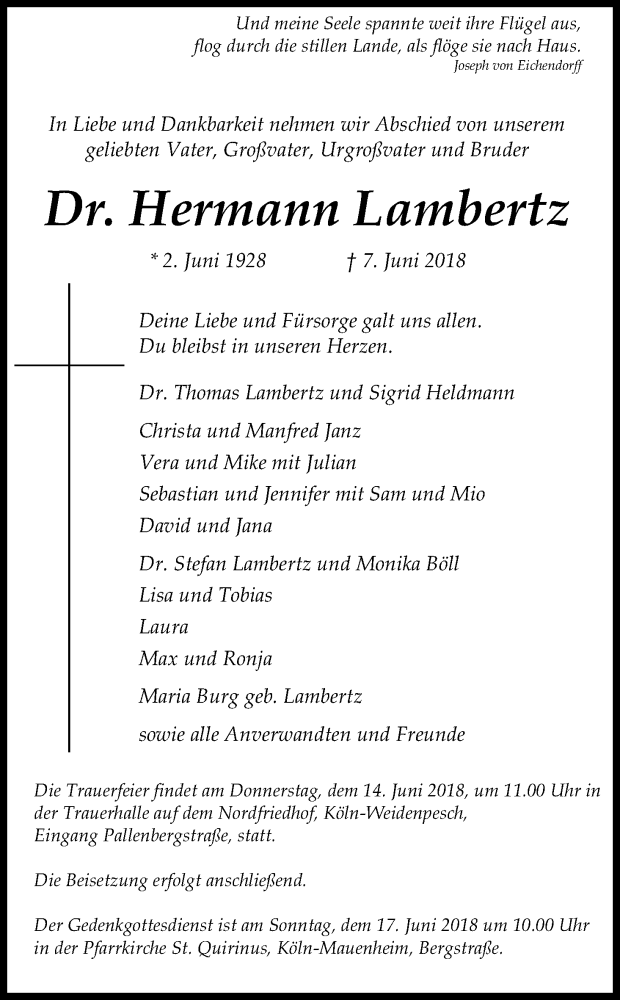 Traueranzeige für Hermann Lambertz vom 13.06.2018 aus Kölner Stadt-Anzeiger / Kölnische Rundschau / Express