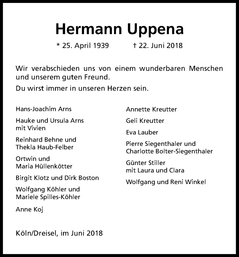  Traueranzeige für Hermann Uppena vom 30.06.2018 aus Kölner Stadt-Anzeiger / Kölnische Rundschau / Express