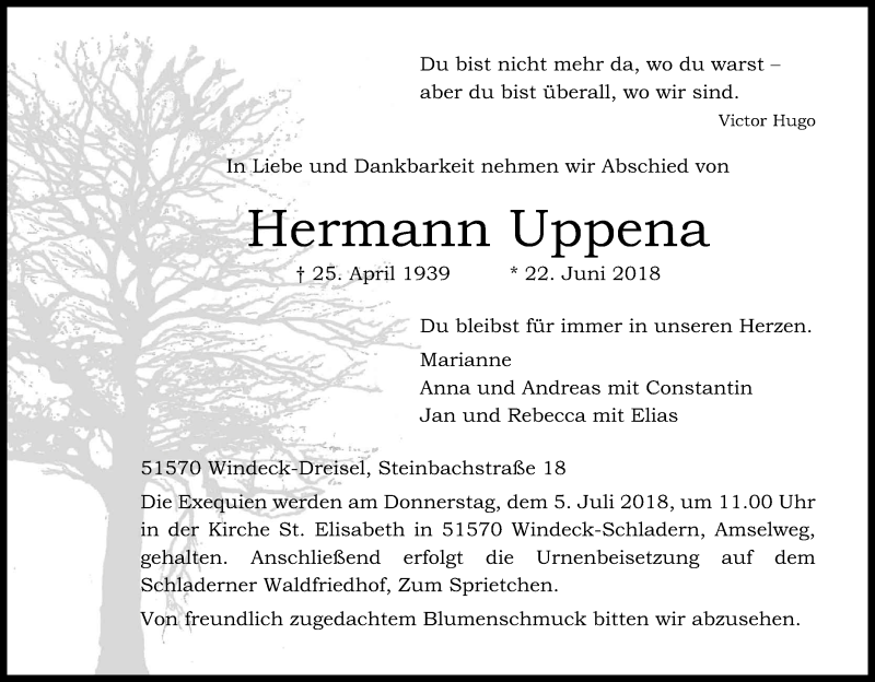  Traueranzeige für Hermann Uppena vom 30.06.2018 aus Kölner Stadt-Anzeiger / Kölnische Rundschau / Express