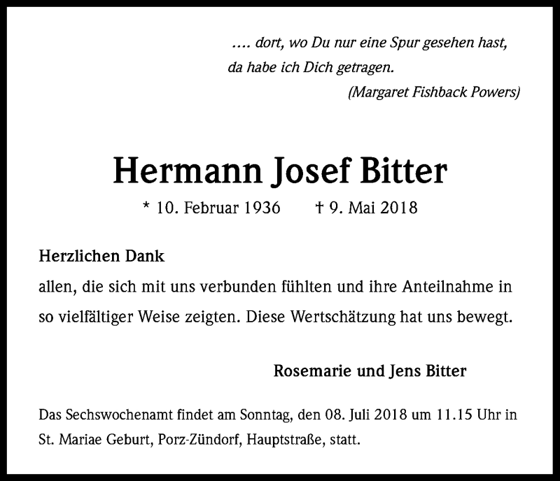  Traueranzeige für Hermann Josef Bitter vom 02.06.2018 aus Kölner Stadt-Anzeiger / Kölnische Rundschau / Express