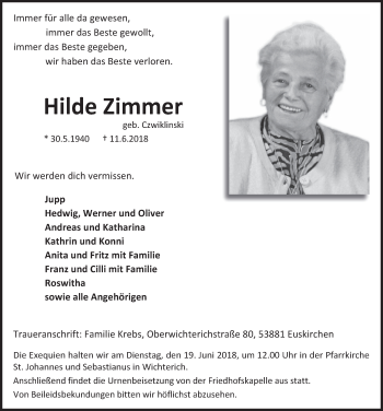 Anzeige von Hilde Zimmer von  Blickpunkt Euskirchen  Sonntags-Post 