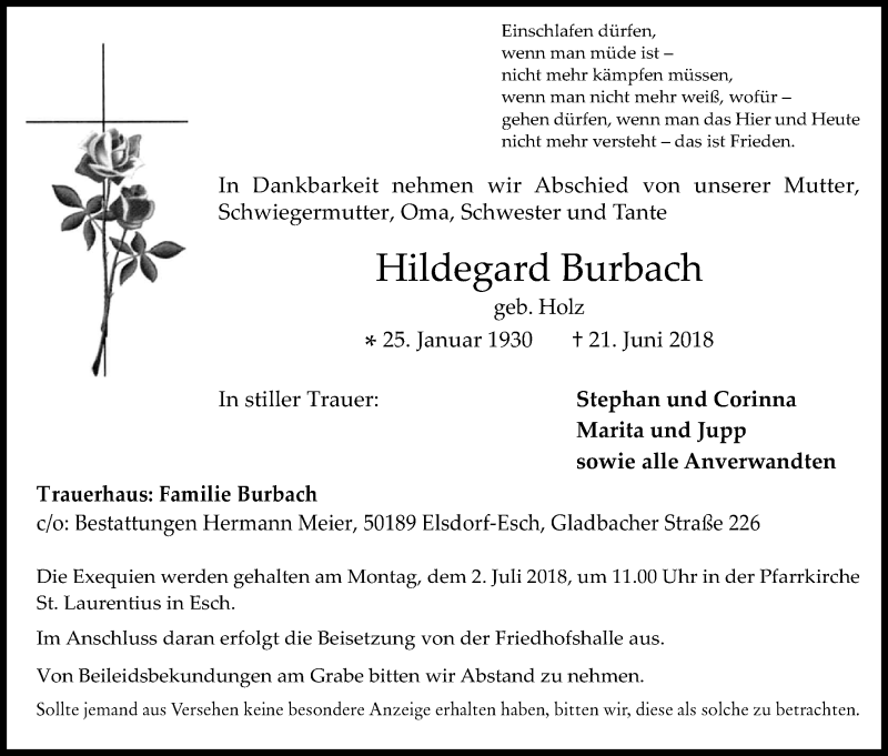  Traueranzeige für Hildegard Burbach vom 28.06.2018 aus Kölner Stadt-Anzeiger / Kölnische Rundschau / Express