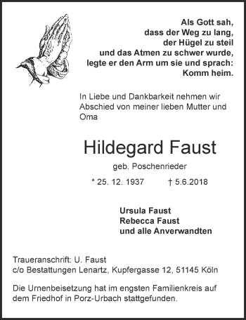 Anzeige von Hildegard Faust von  Kölner Wochenspiegel 