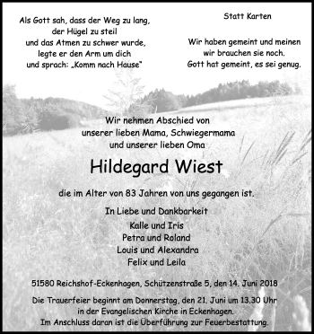 Anzeige von Hildegard Wiest von Kölner Stadt-Anzeiger / Kölnische Rundschau / Express