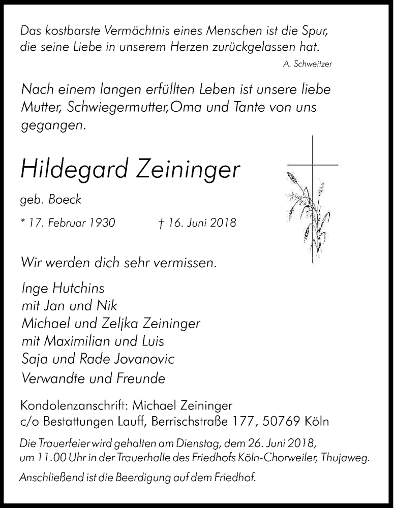  Traueranzeige für Hildegard Zeininger vom 23.06.2018 aus Kölner Stadt-Anzeiger / Kölnische Rundschau / Express