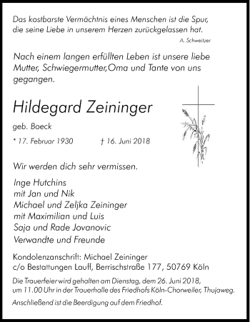 Anzeige von Hildegard Zeininger von Kölner Stadt-Anzeiger / Kölnische Rundschau / Express