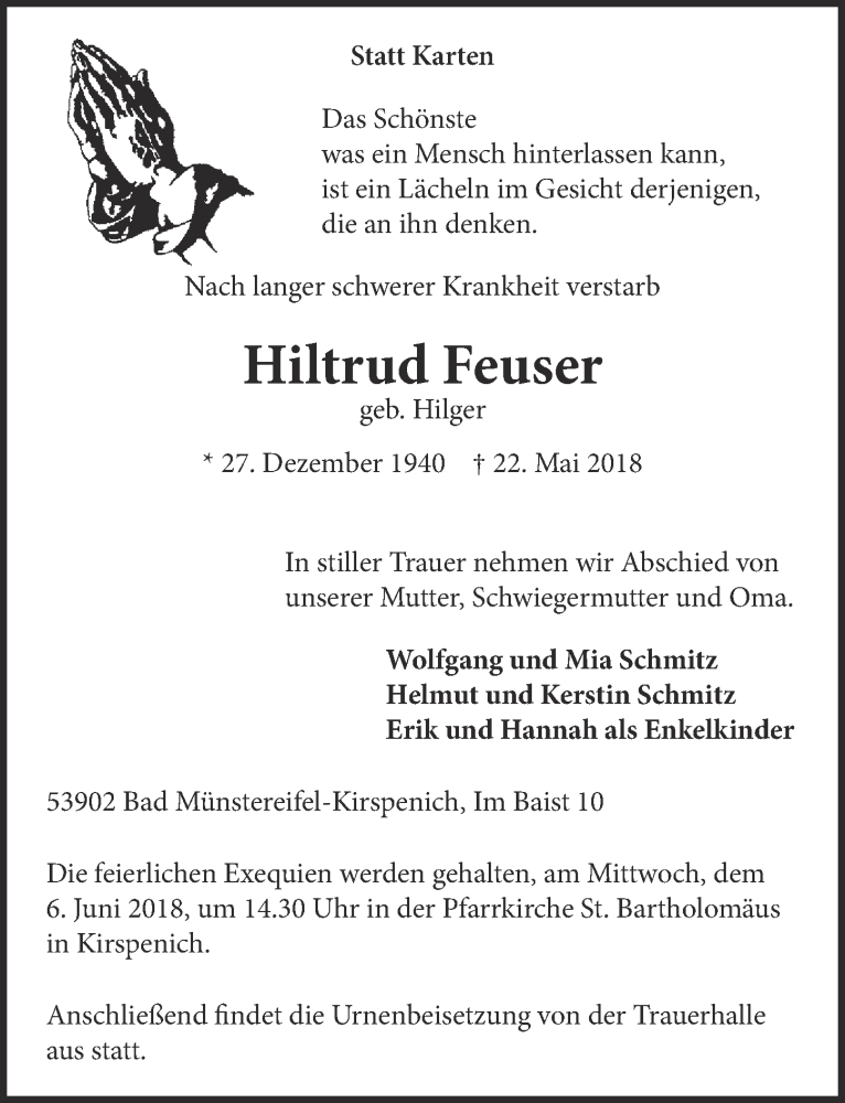  Traueranzeige für Hiltrud Feuser vom 02.06.2018 aus  Blickpunkt Euskirchen 