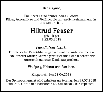 Anzeige von Hiltrud Feuser von Kölner Stadt-Anzeiger / Kölnische Rundschau / Express