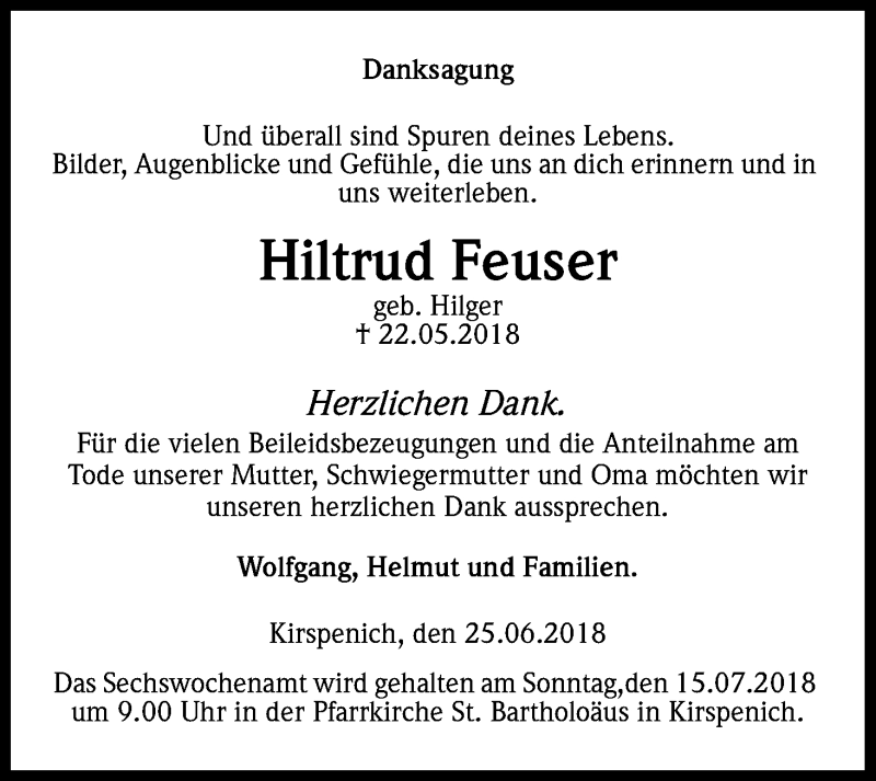  Traueranzeige für Hiltrud Feuser vom 30.06.2018 aus Kölner Stadt-Anzeiger / Kölnische Rundschau / Express
