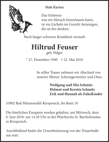 Anzeige von Hiltrud Feuser von  Blickpunkt Euskirchen 