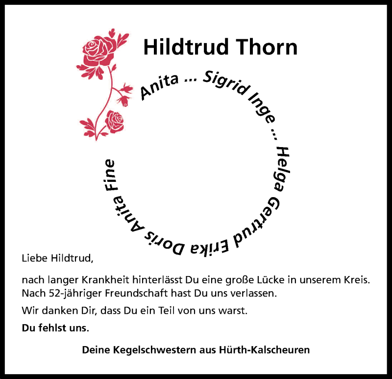  Traueranzeige für Hiltrud Thorn vom 30.06.2018 aus Kölner Stadt-Anzeiger / Kölnische Rundschau / Express
