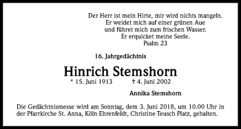 Anzeige von Hinrich Stemshorn von Kölner Stadt-Anzeiger / Kölnische Rundschau / Express