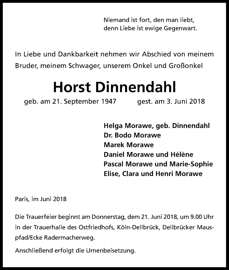  Traueranzeige für Horst Dinnendahl vom 16.06.2018 aus Kölner Stadt-Anzeiger / Kölnische Rundschau / Express